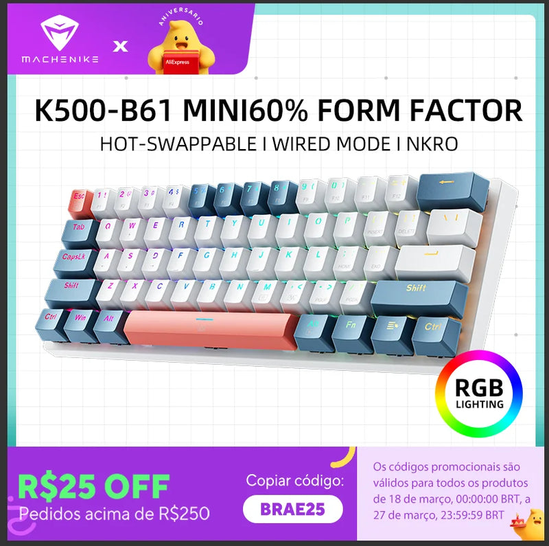 Machenike K500-B61 Mini Mechanical Keybaord 60% Form Factor 61Keys Gaming Keybaord Wired Full Key Hot-Swappable RGB Backlit